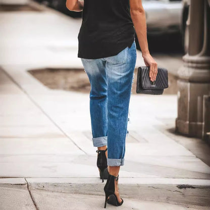 Dame Boyfriend Jeans i moderigtigt Destroyed-look med afslappet pasform Stilla