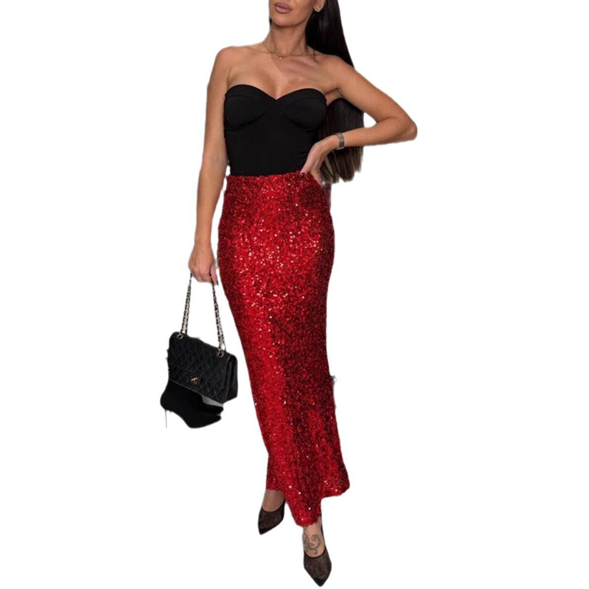 Dame elegant glamour maxi kjole med glitrende paillet nederdel og hjerteformet overdel Stilla