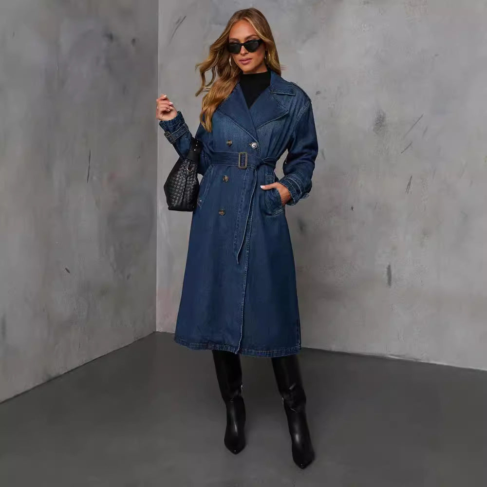 Dame Denim Trenchcoat med bælte og praktiske lommer Stilla