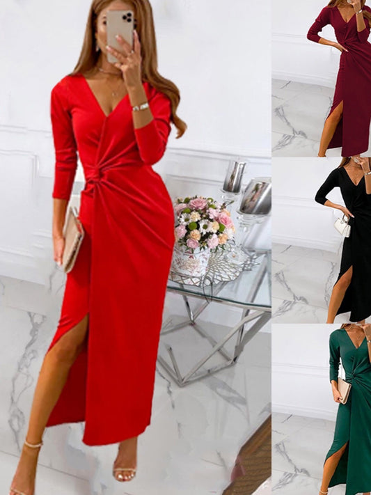 Dame Elegant draperet Maxikjole med dyb V-udskæring og slidse Stilla