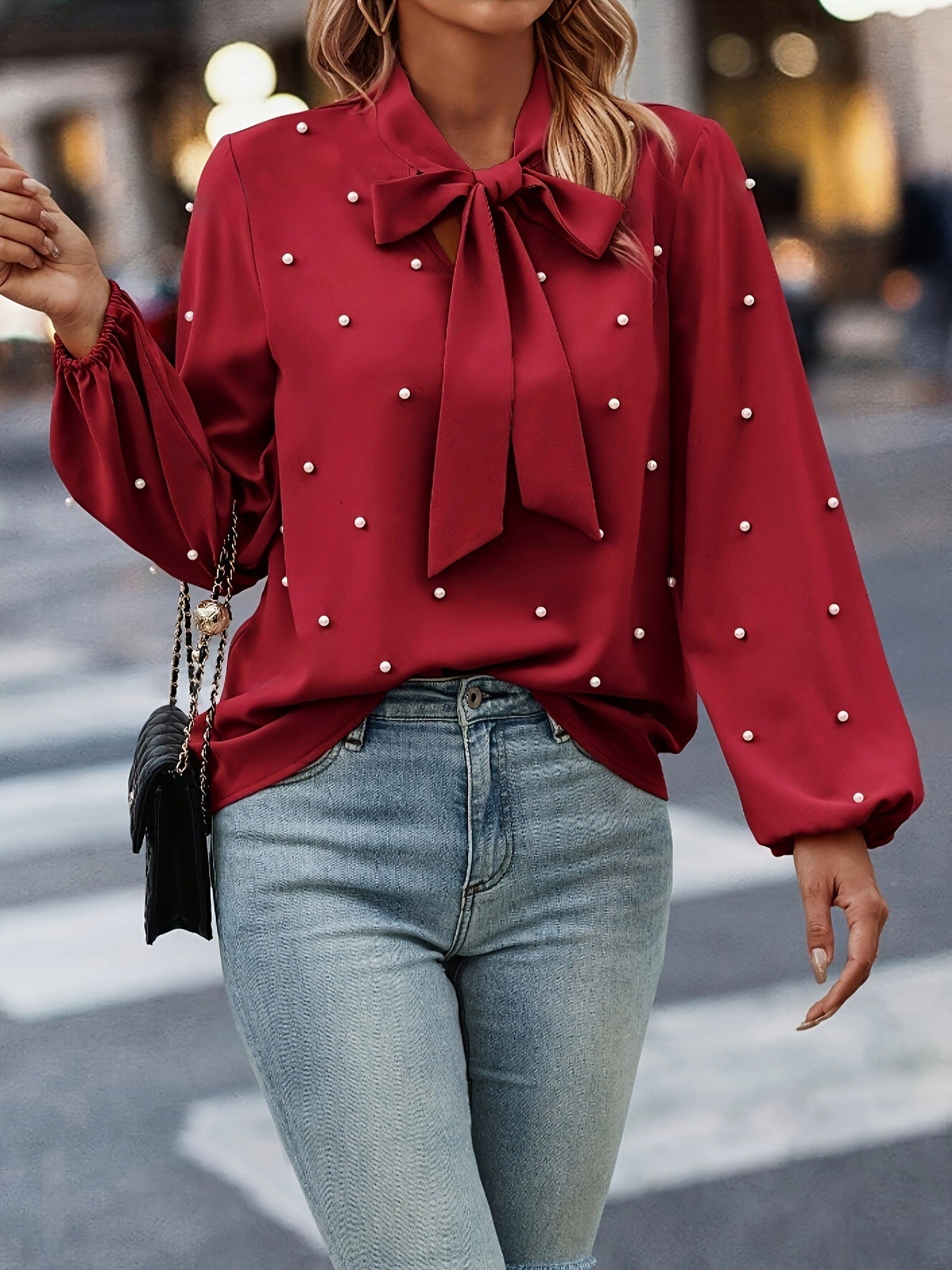 Dame elegant bluse med sløjfe krave og perle detaljer Stilla