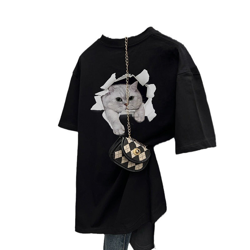 Dame T-shirt med kreativt kattemotiv gennem gennemboret væg Stilla