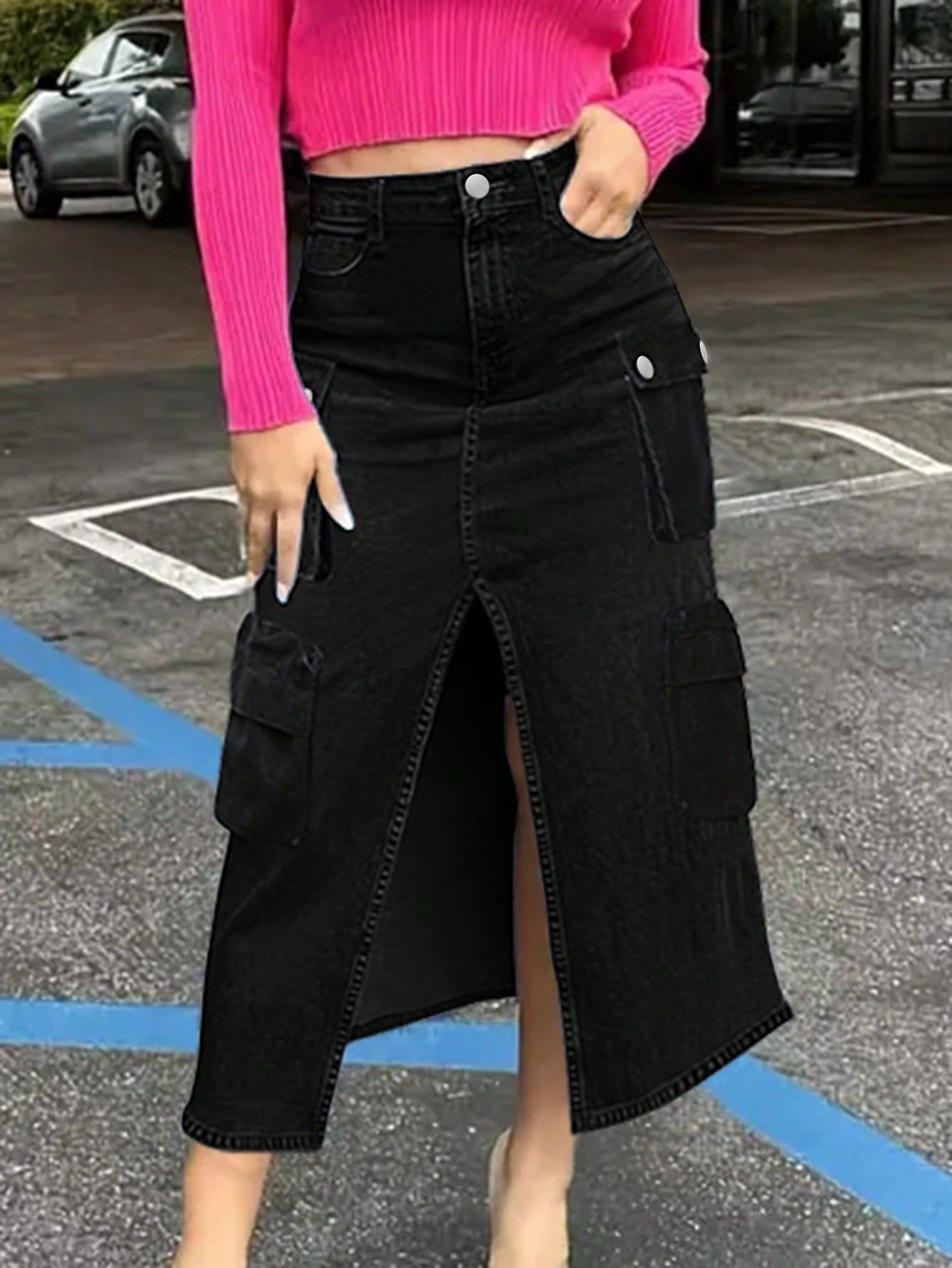 Dame Denim-Midi-Nederdel med praktiske cargo-lommer og slidsfokuseret design Stilla