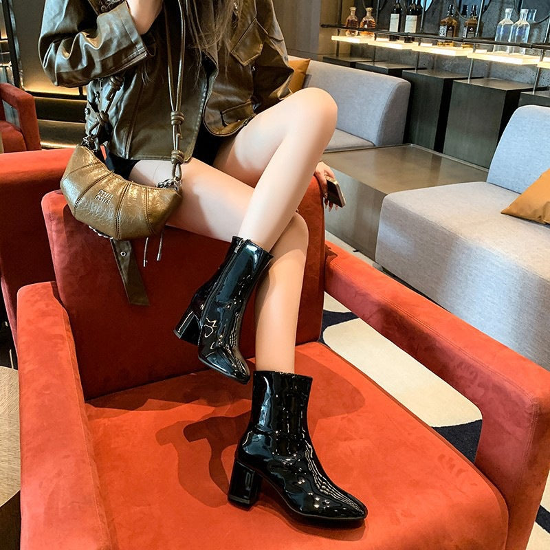 Dame Elegant Ankelstøvler med højglansoverflade og robust blokhæl Stilla