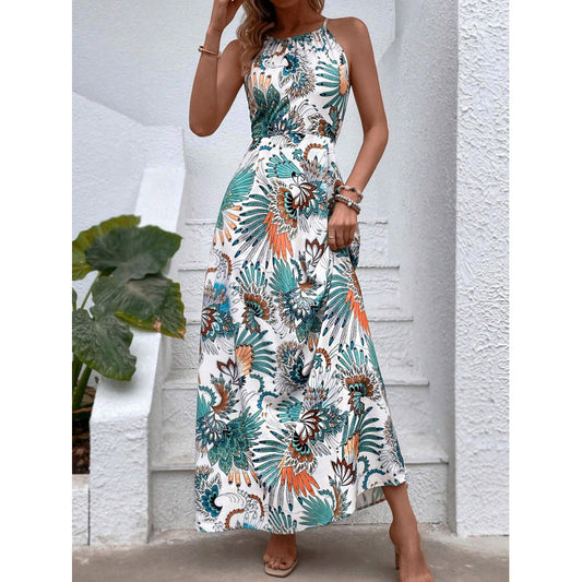 Dame Elegant Halterneck Maxikjole med Livligt Blomsterprint Stilla
