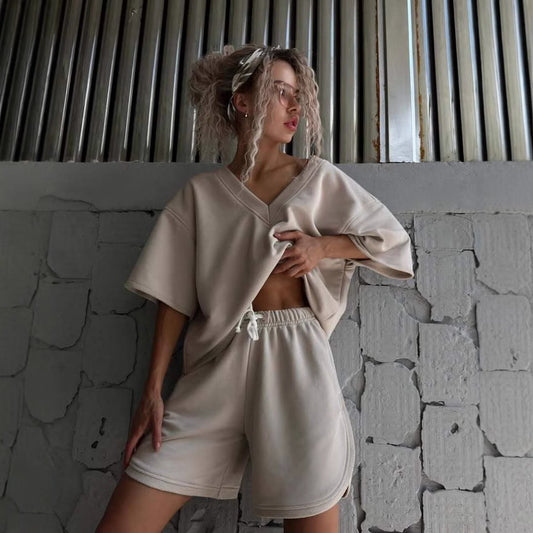 Dame afslappet V-udskæring top og shorts sæt Stilla