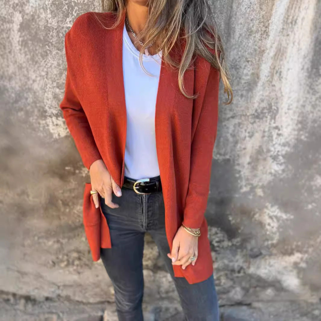 Dame åben front strikjakke med sidelommer Stilla