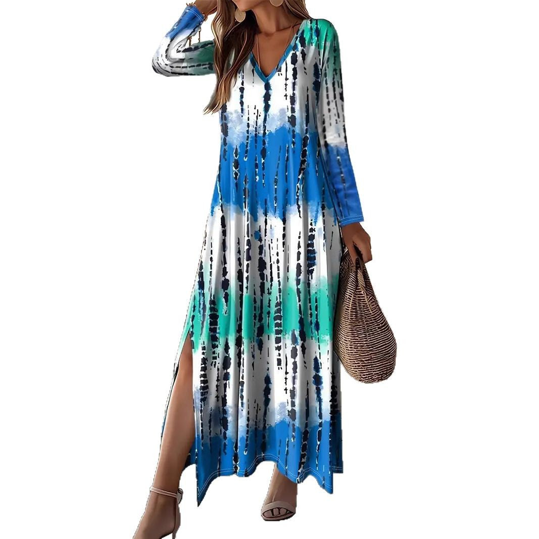 Dame afslappet maxikjole med V-udskæring og sidelængde Stilla