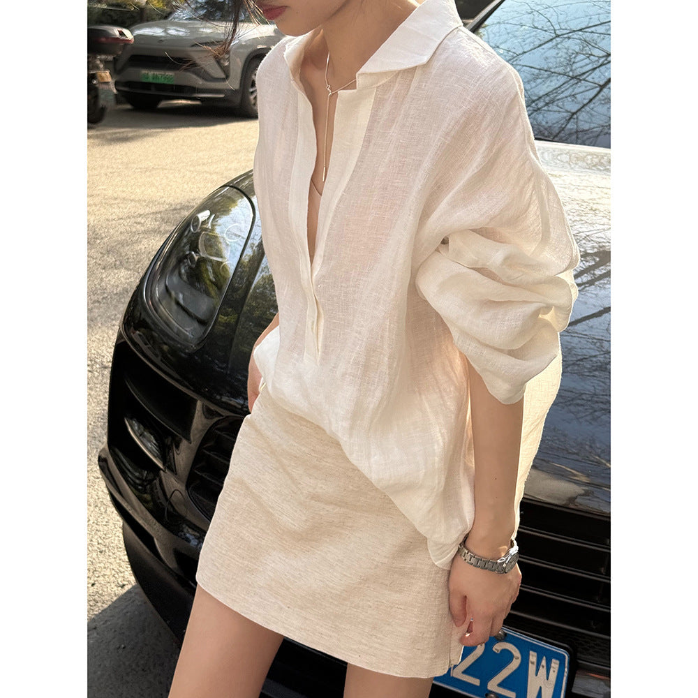 Dame afslappet linnedbluse med knapbar udskæring Stilla