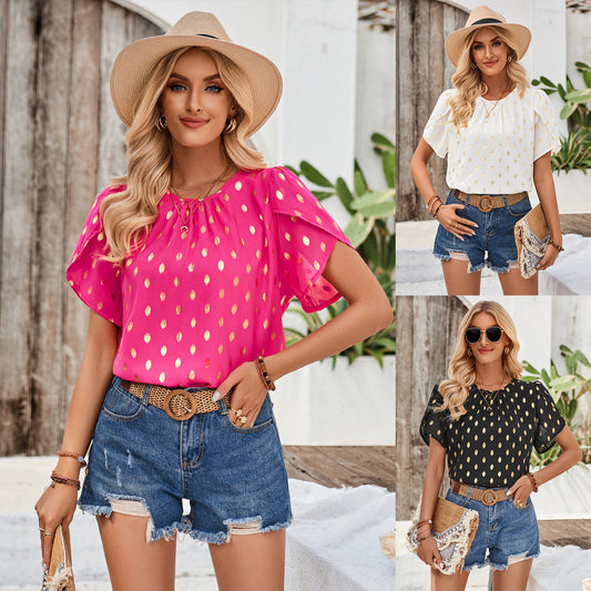 Dame Elegant Bluse med gyldne detaljer og afslappet snit Stilla