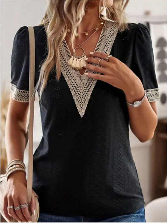 Dame Elegant Bluse med V-halsudskæring og Spidselement Stilla