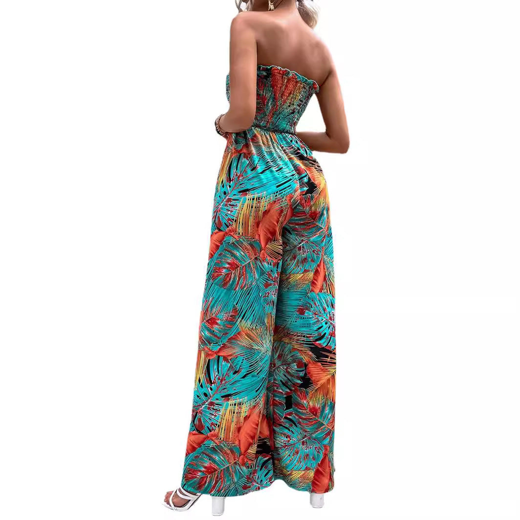 Damer Strapless Tropisk-print Bred-bukser Jumpsuit Stilla