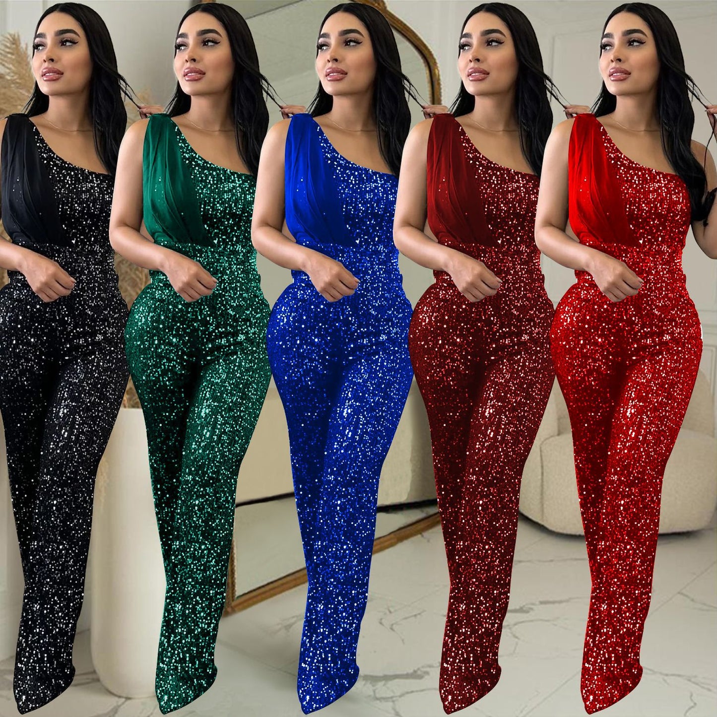 Dame Elegant Paillet-Jumpsuit med asymmetrisk udskæring og figursyet pasform Stilla