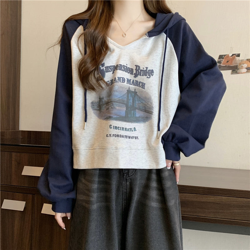 Dame Cropped Graphic Hoodie med Vintage Kunstværk Stilla