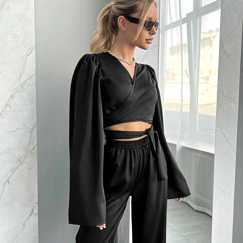 Dame elegant cropped-top med bred ærme og elastisk bund Stilla