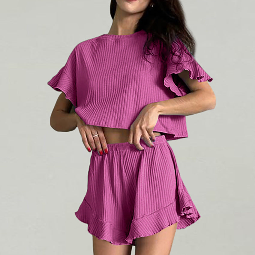 Dame afslappet rib sæt med voluminøse ærmer og frynset afslutninger Stilla