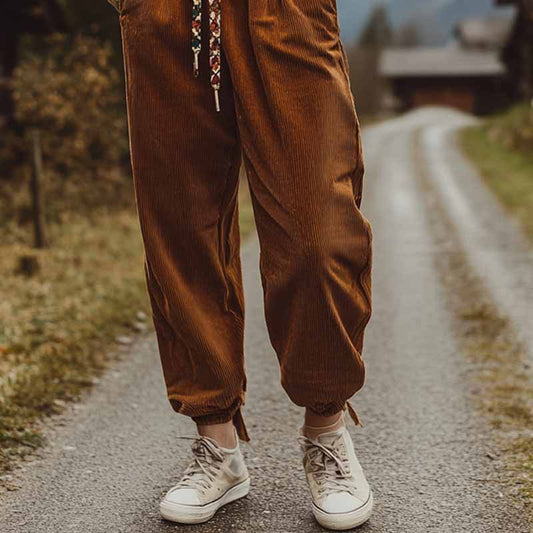 Dame afslappede cordbukser med elastisk liv og farverige snørebånd Stilla