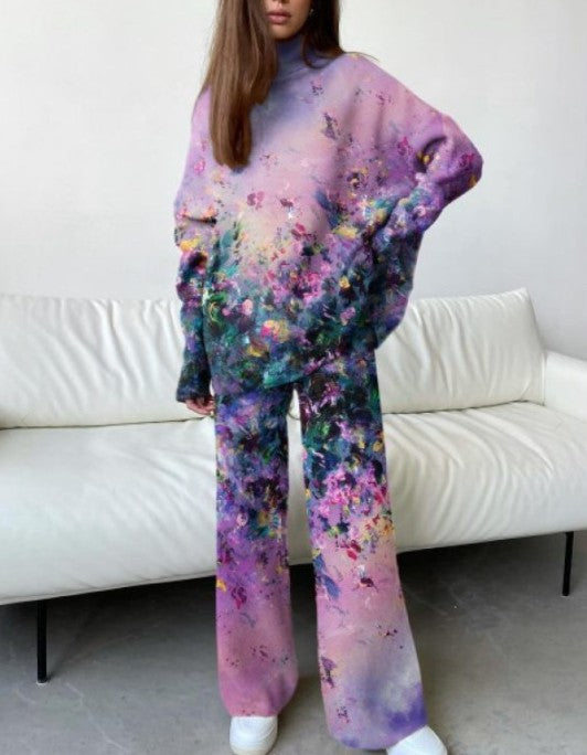 Dame afslappet lounge-sæt med blomsterprint og høj krave Stilla