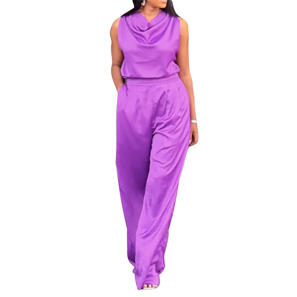 Dame Elegante Satin Jumpsuit med høj kvalitets snit og asymmetrisk design Stilla