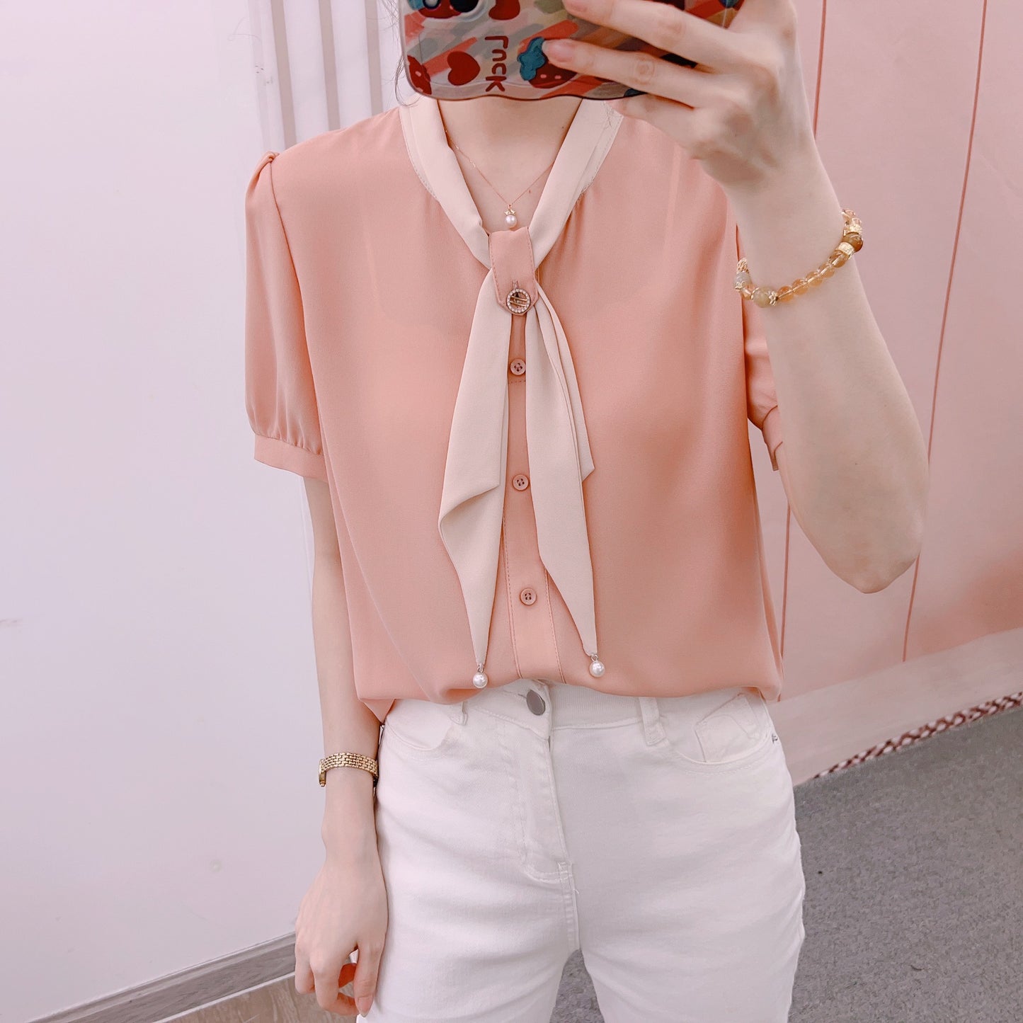 Dame Elegant Bluse med Sløjfe Krave og Perle Detaljer Stilla