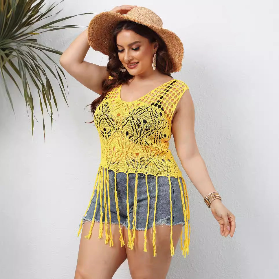 Dame elegant hæklede strandovertræk med frynset detaljer Stilla