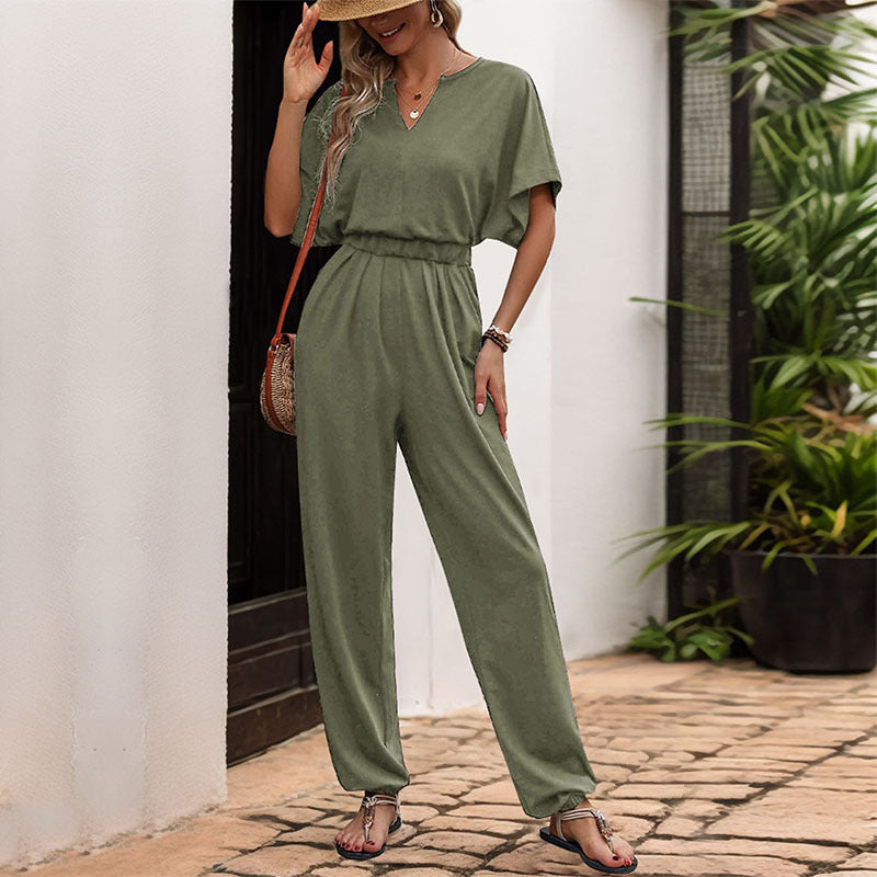 Dame Stilfuld V-Hals Jumpsuit med Elastisk Liv og Vidde Ben Stilla