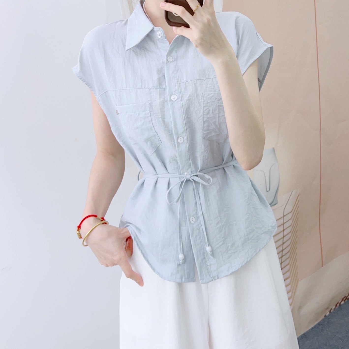 Dame Elegant Bluse med taljerbart bælte og bred, luftig bukser Stilla