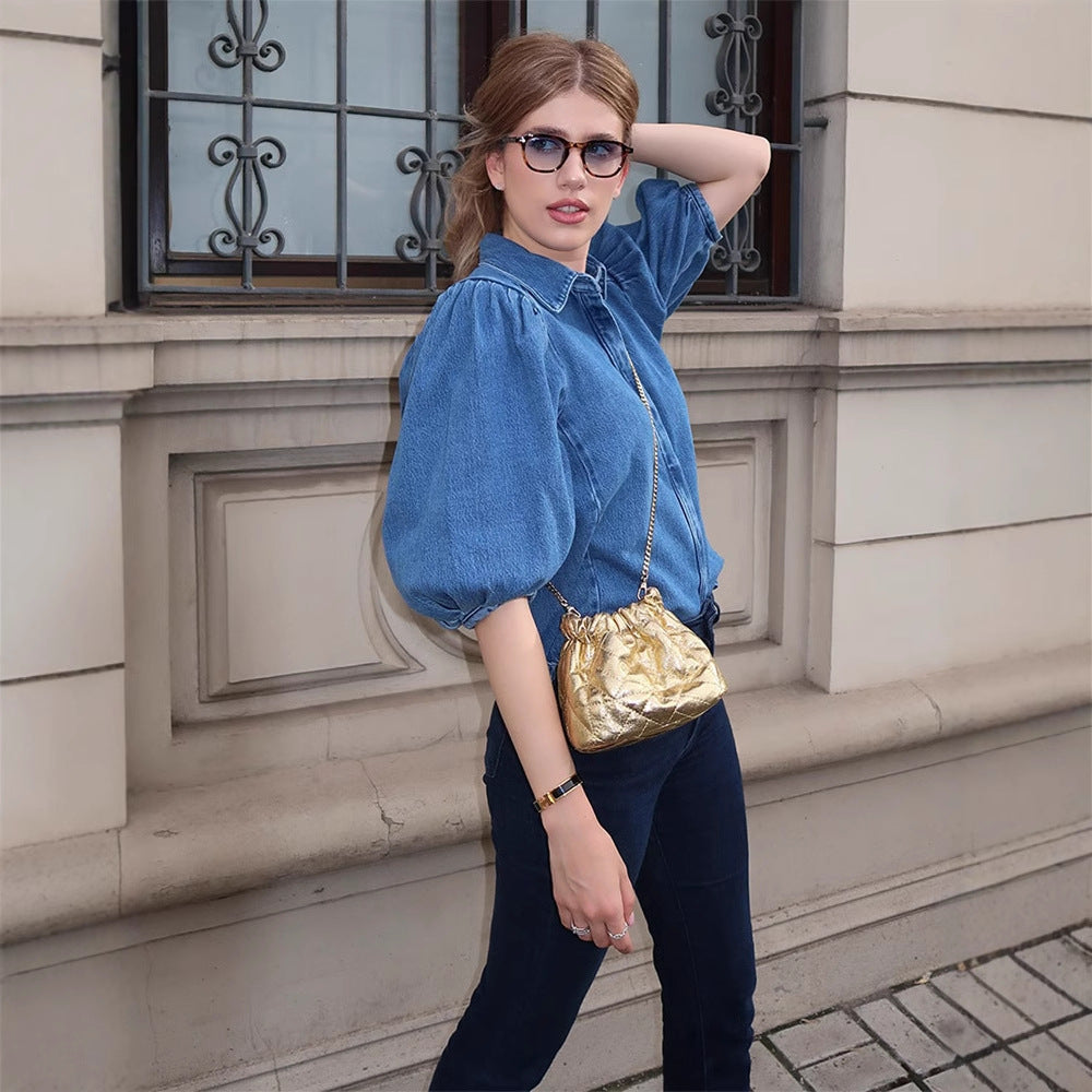 Dame Denim-bluse med voluminøse puffærmer Stilla