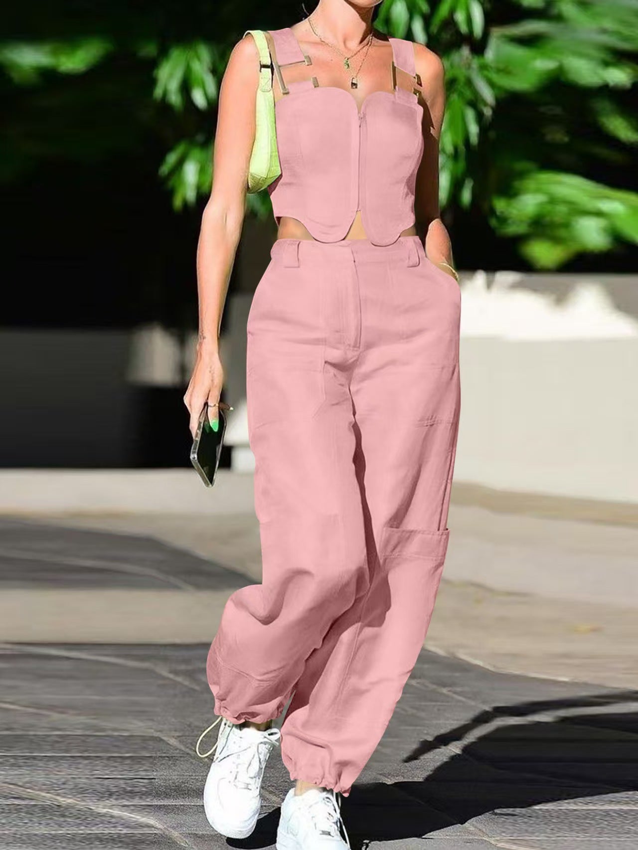 Dame Cropped Top og brede Bukser med Lommer Stilla