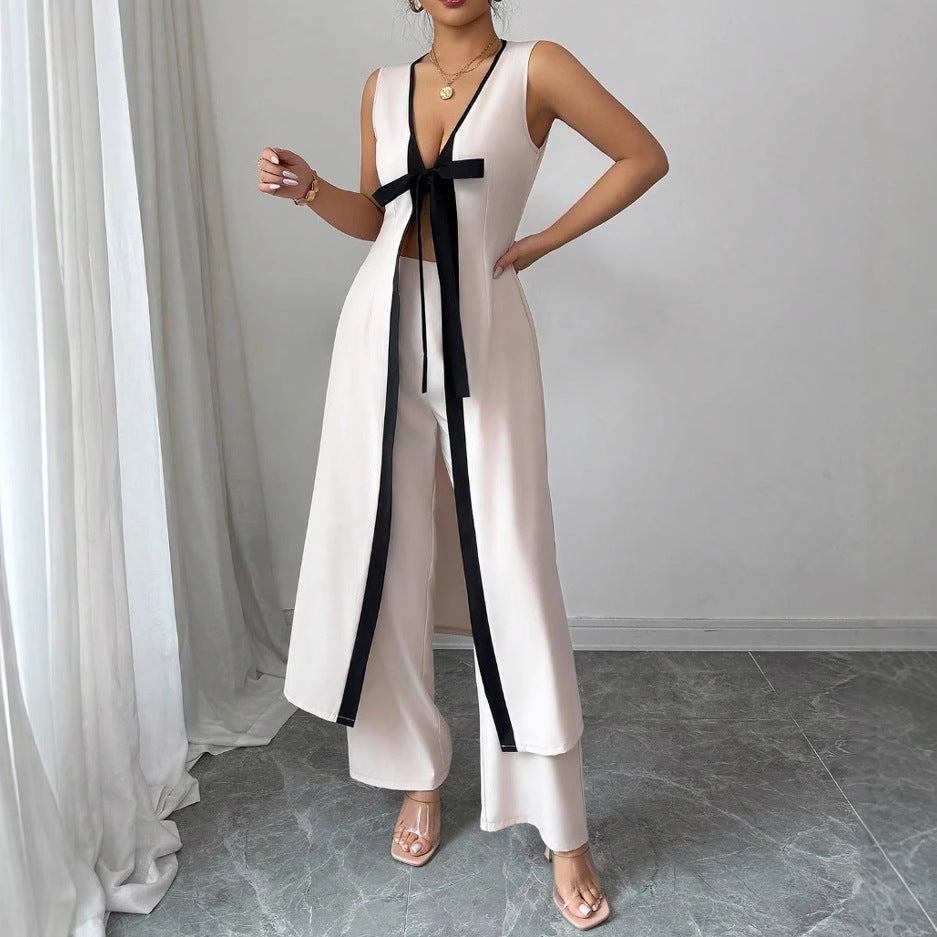 Dame elegant bred ben jumpsuit med bindefrontdetalje Stilla