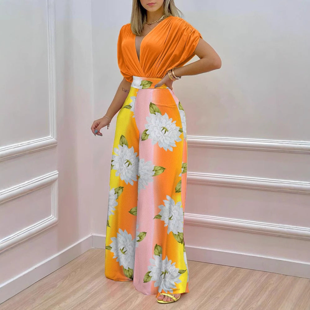 Dame Elegant Jumpsuit med blomsterdesign og dyb V-udskæring Stilla
