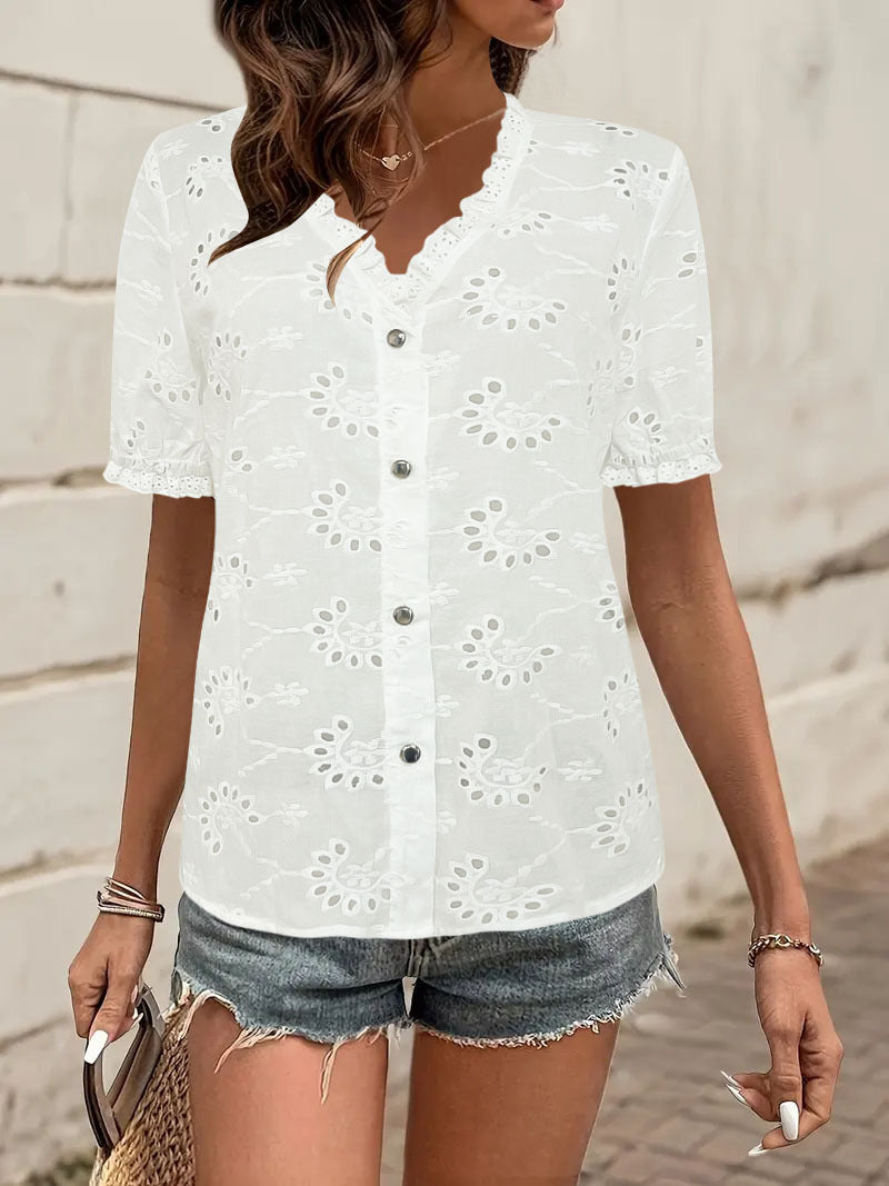 Dame elegant bluse med spidsdetaljer og knaplister Stilla