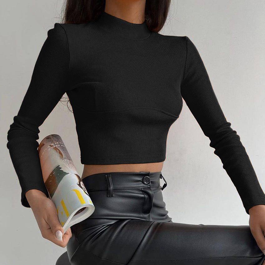 Dame cropped Langærmet top med smal ståkrave og ribstruktur Stilla