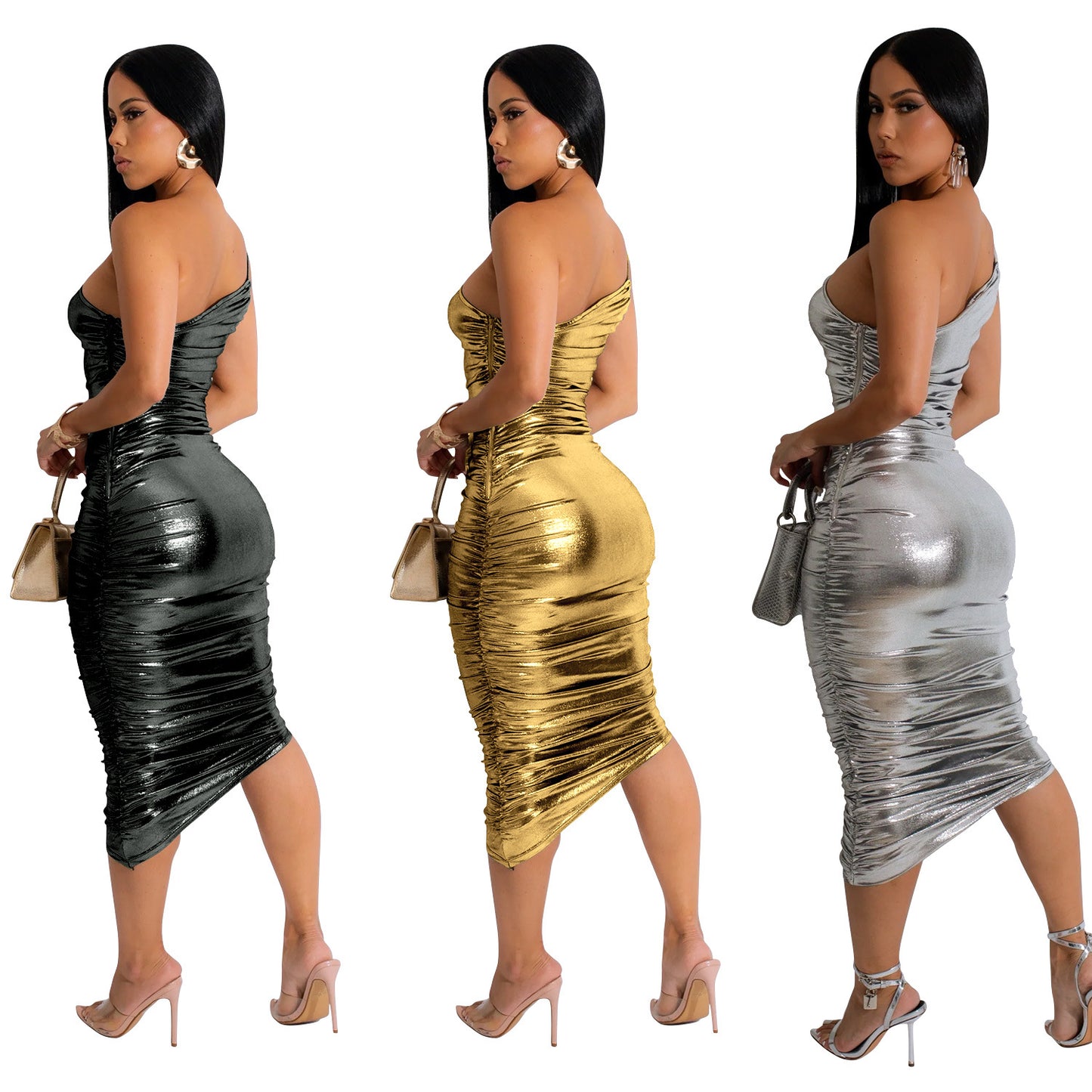 Dame Skinnende Bodycon-kjole med asymmetrisk kant og ruching Stilla