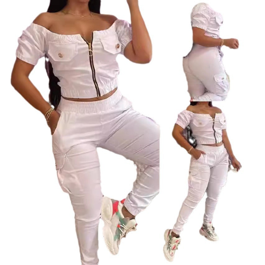 Dame Crop-Top og Cargo-Bukser Sæt med off-shoulder design og praktiske lommer Stilla