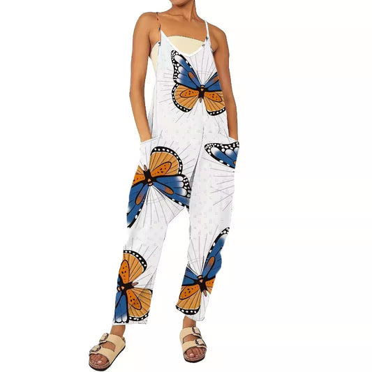 Dame jumpsuit med farverigt sommerfuglemønster og praktiske lommer Stilla