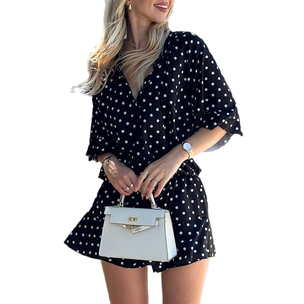 Dame Polka-Dot Kortærmet Jumpsuit med Talje Snøre Stilla
