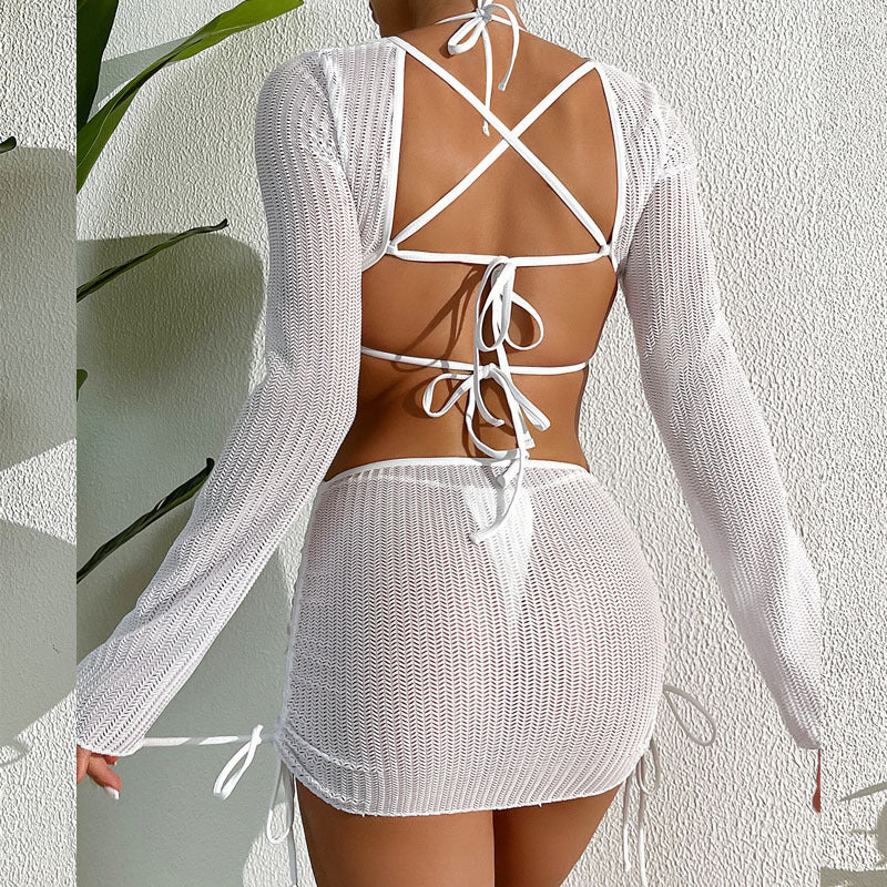 Dame Cut-Out Strandkjole med lang arm og fashionable ringdetalje Stilla