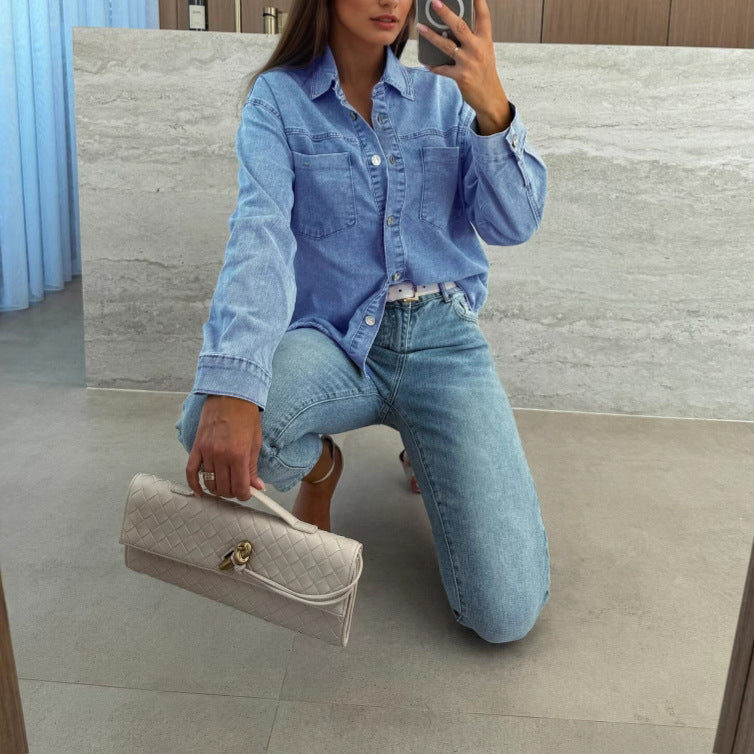 Dame afslappet denimbluse i oversized stil med lommer Stilla