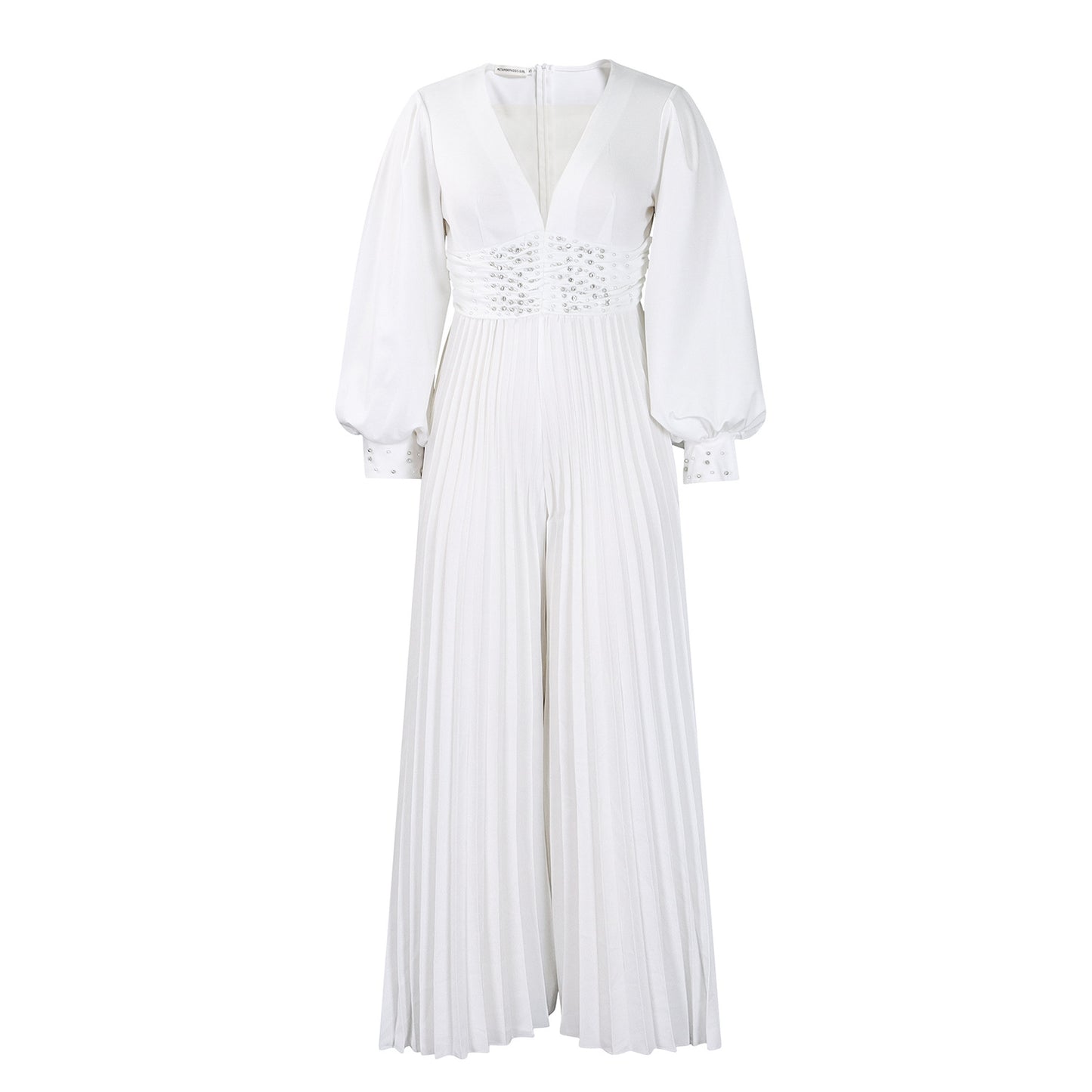 Dame Elegant Plisseret Jumpsuit med dyb V-udskæring og glitrende taljedetalje Stilla
