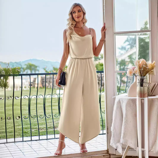 Dame elegant Jumpsuit med asymmetrisk udskæring og bredt ben Stilla