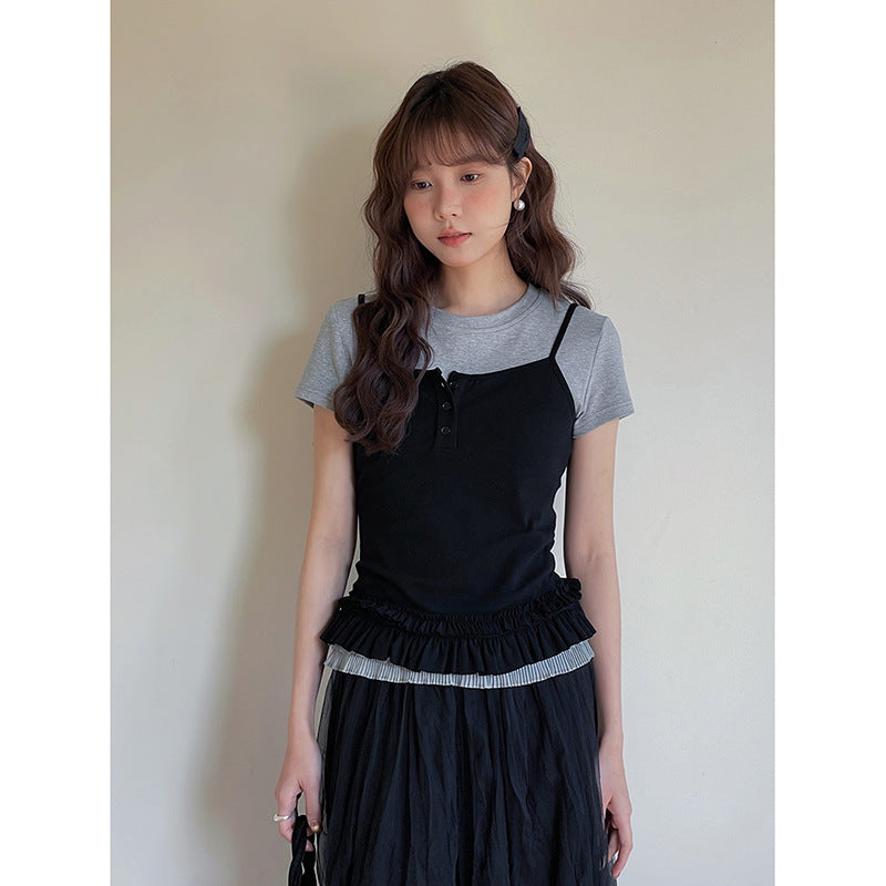 Dame afslappet lag-top med flæsekant og kortærmet nederdel Stilla