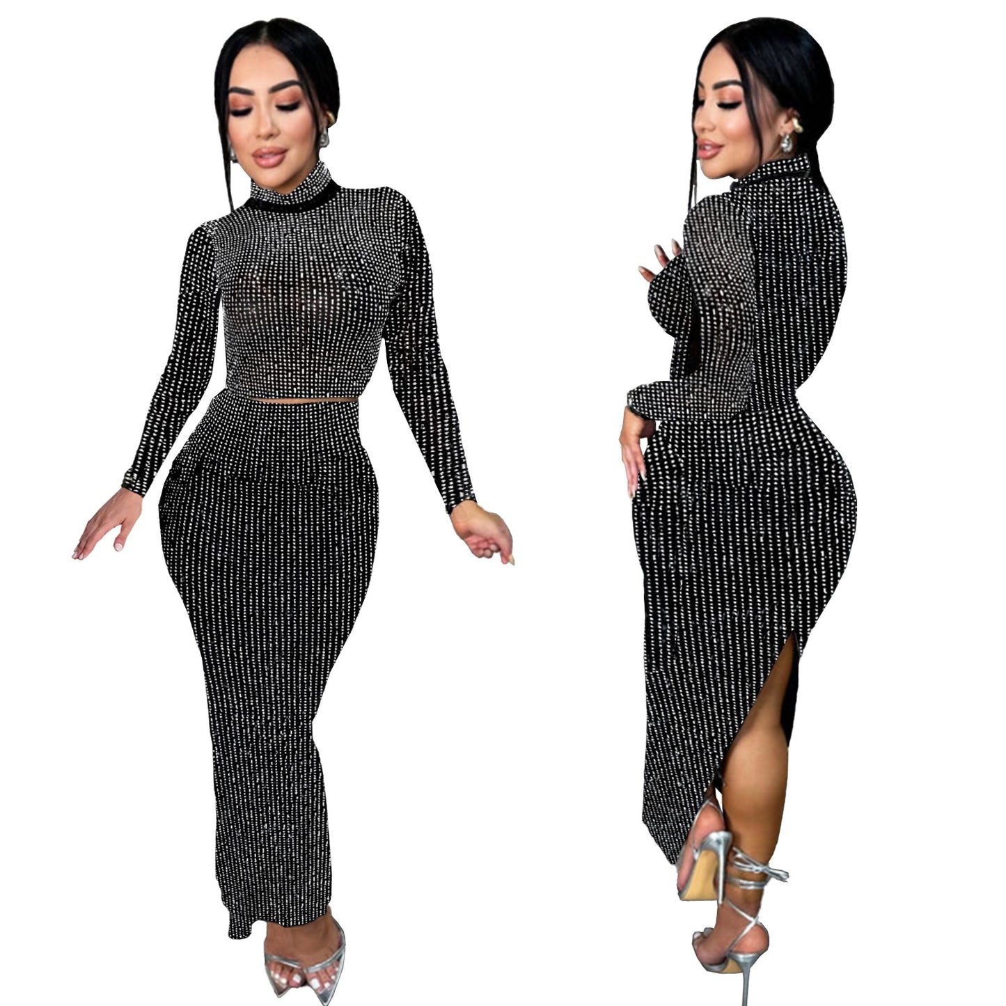 Dame elegant glimmer-sæt med højhalset overdel og figursyet silhuet Stilla