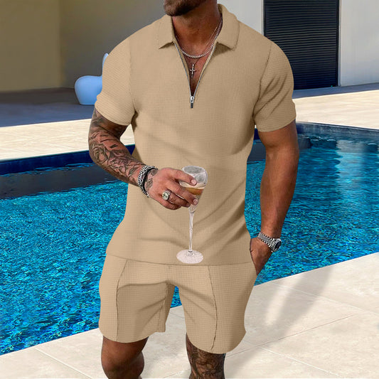 Herrer afslappet polo- og shorts-sæt med lynlås og struktureret overflade Stilla