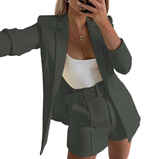 Dame afslappet blazer-shorts-sæt med taljebælte Stilla