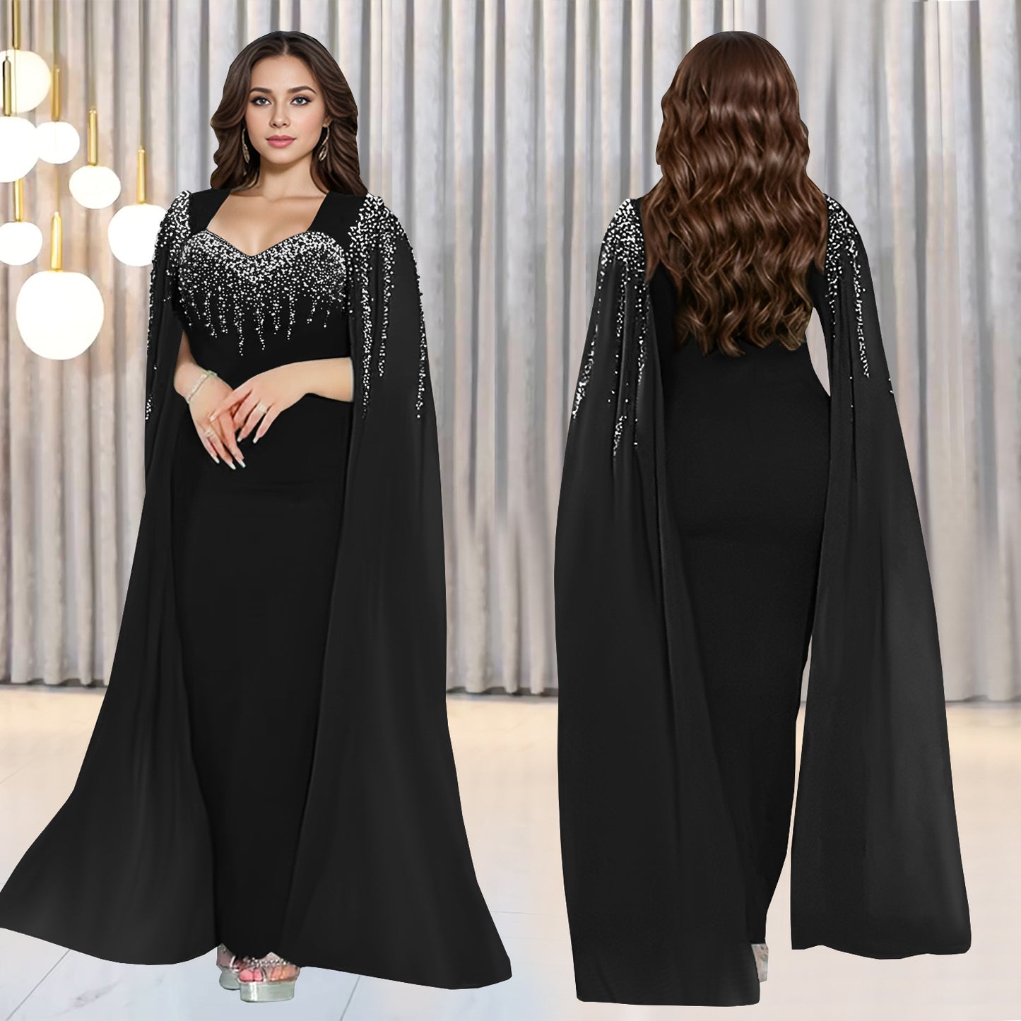 Dame Elegant aftenkjole med ædel kappe og glitrende detaljer Stilla