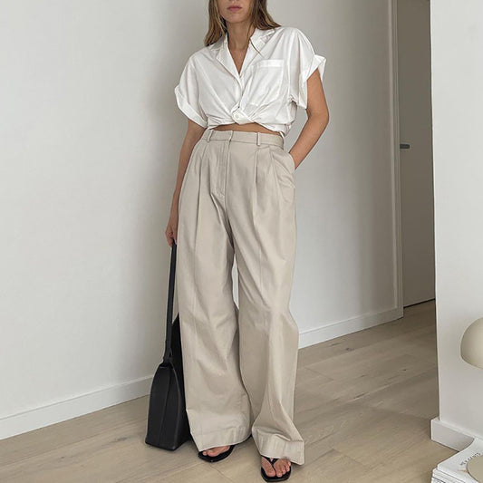 Dame elegant høj talje bukser med vidde ben og elegant plissering Stilla
