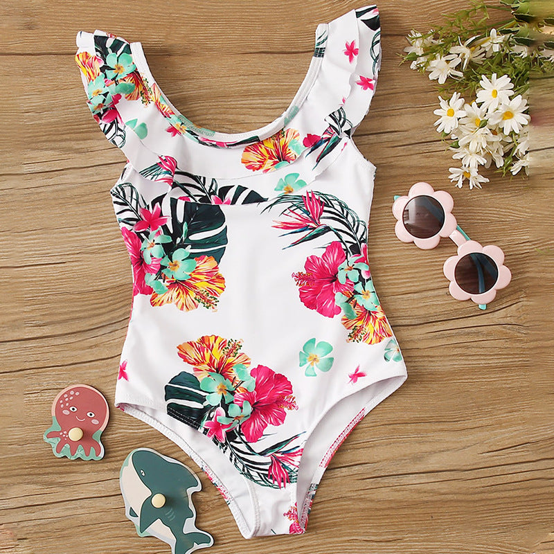 Dame Elegant Én-delt Badedragt med Ruffles Detaljer og Tropisk Blomster Mønster Stilla