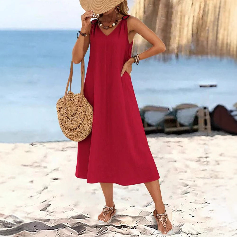 Dame afslappet maxikjole med knapdetalje og lommer Stilla