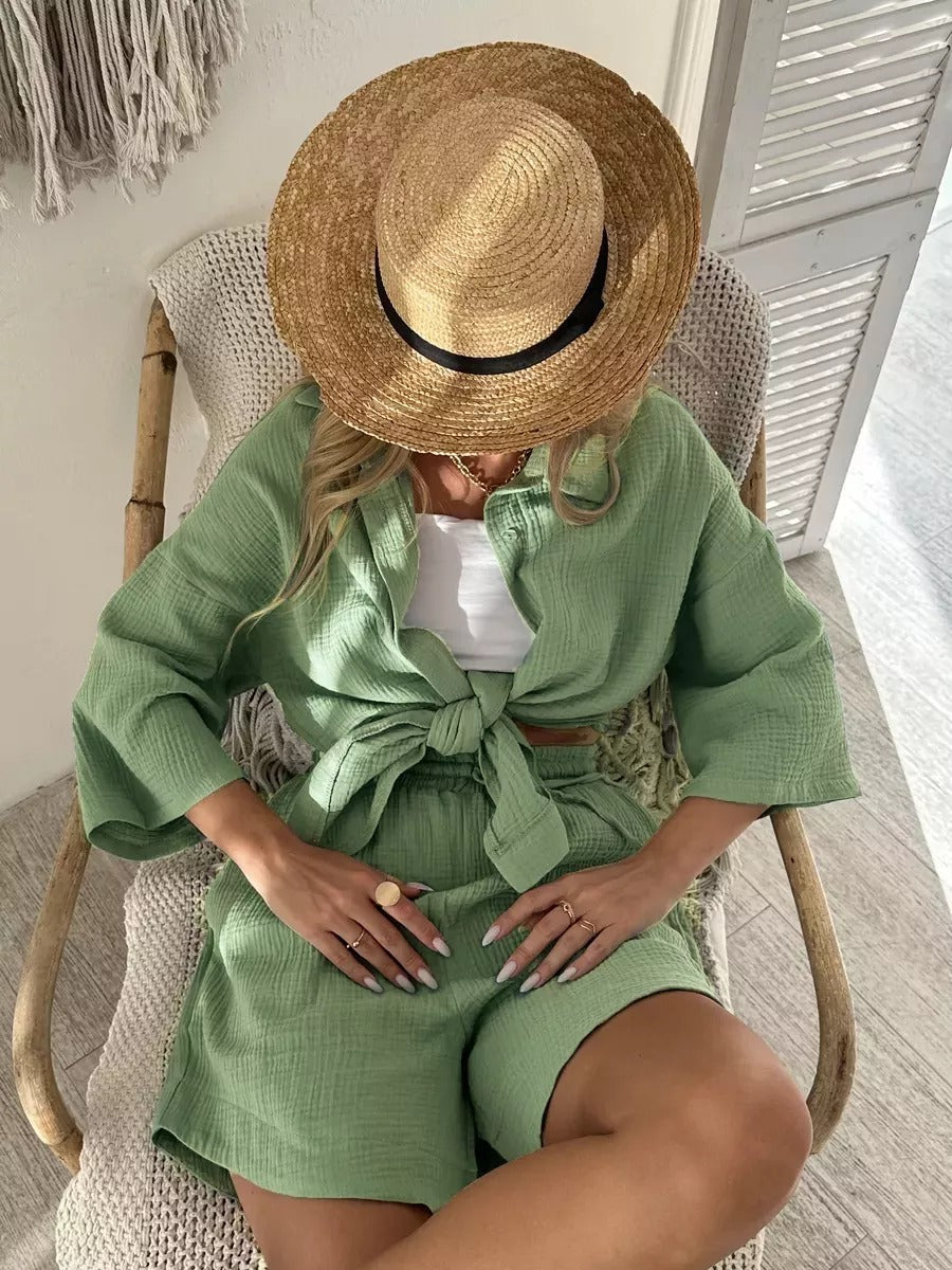 Dame afslappet kortærmet skjorte og shorts sæt med elastisk talje Stilla